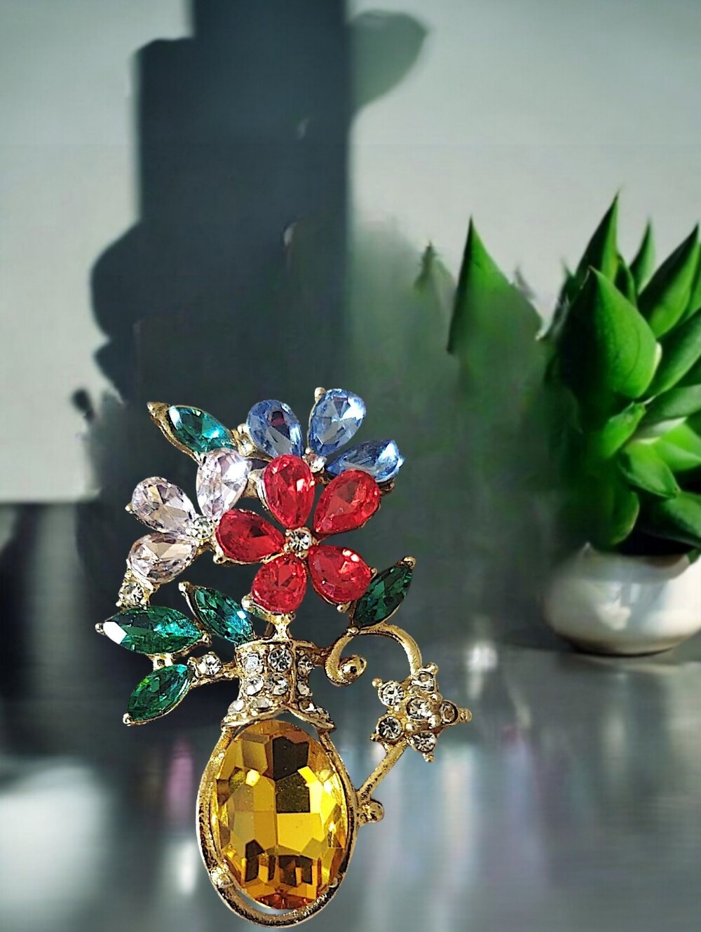 Floral Crystal Brooch with Vase